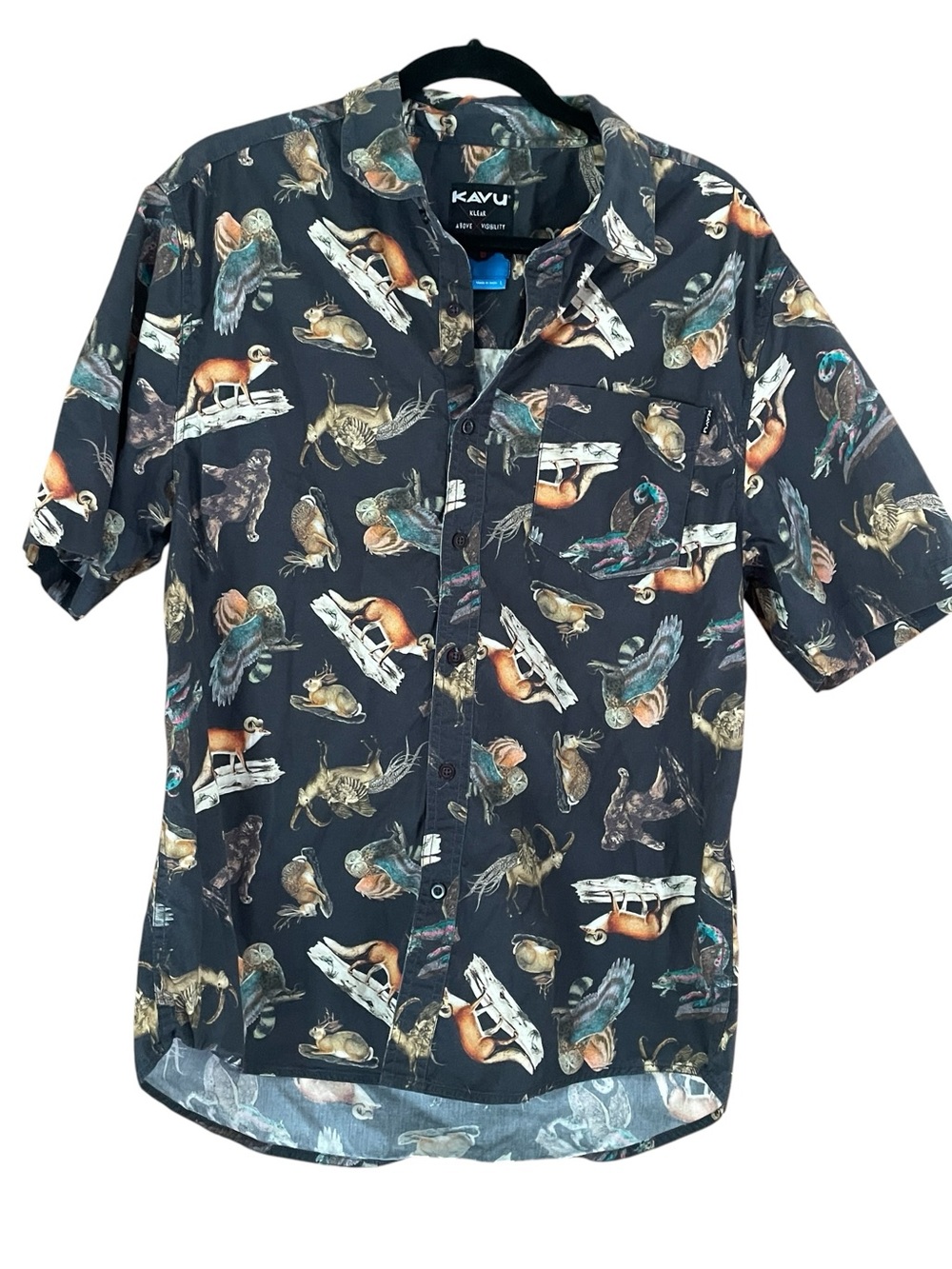 Kavu Black Short Sleeve Juan Shirt Cryptid Mythical Creatures Animal Print